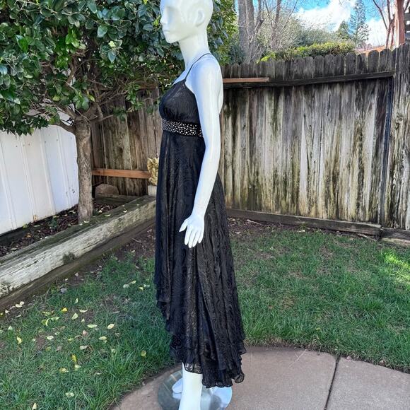 VTG Bebe Black Embroidered Studded Cross Back Hi Lo Dress Women's XS - Picture 5 of 16